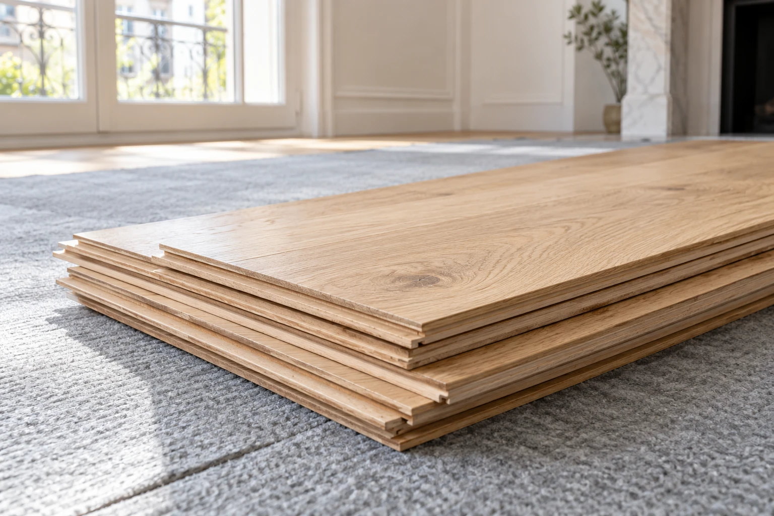 Planches de parquet flottant en bois empilées sur moquette dans une pièce lumineuse
