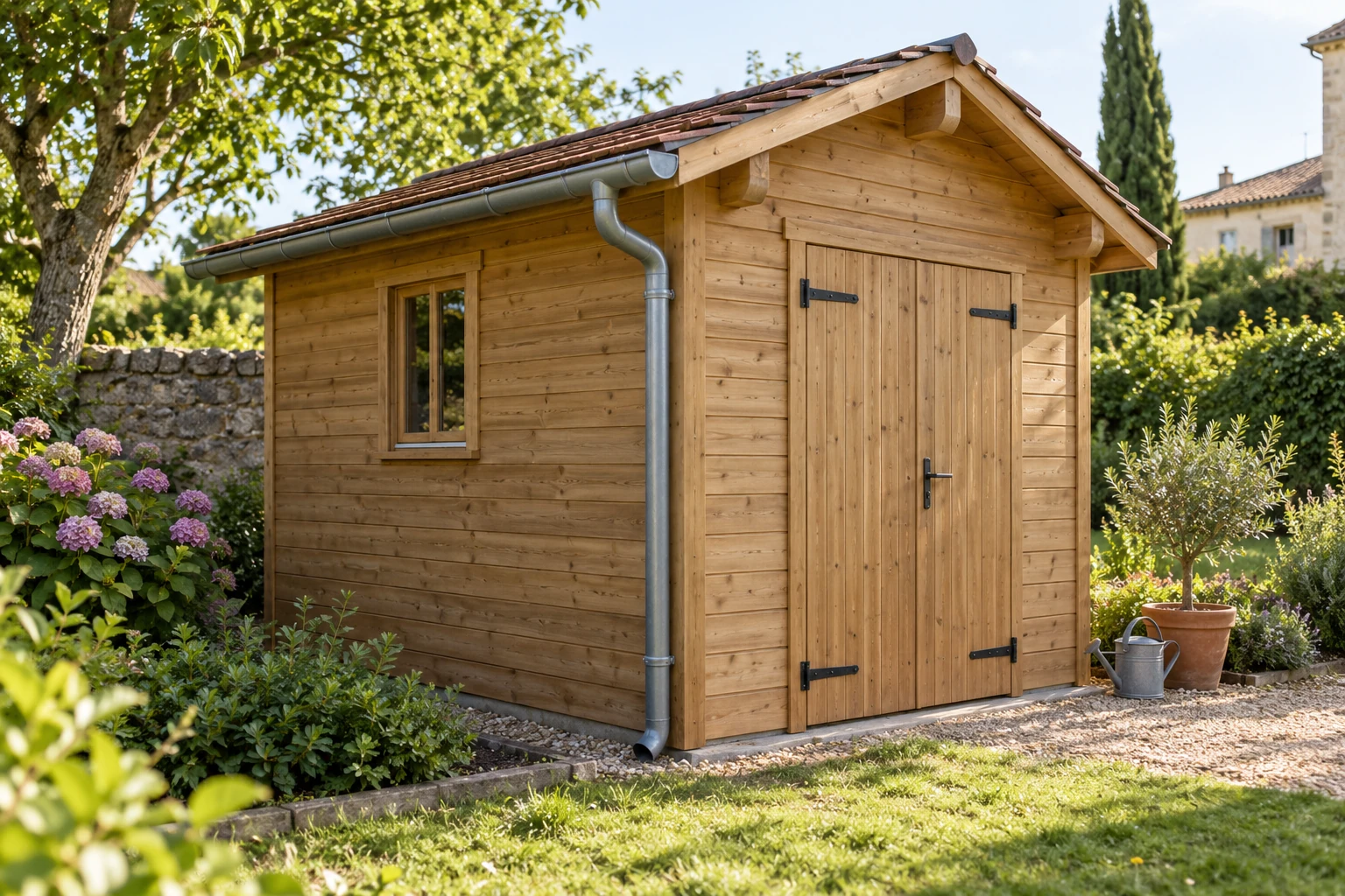 Abri de jardin en bois avec gouttière métallique verticale et bac de récupération proche